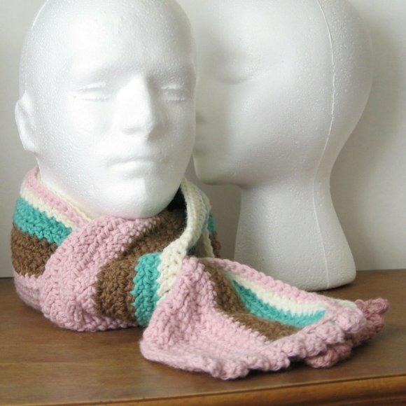 Long Striped Scarf pink/brown/cream/aqua - Picture 6 of 12